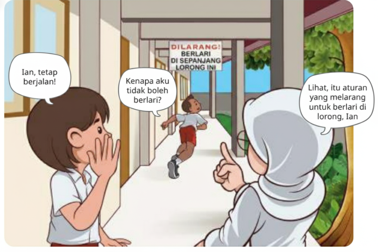Ilustrasi siswa berlari di lorong sekolah