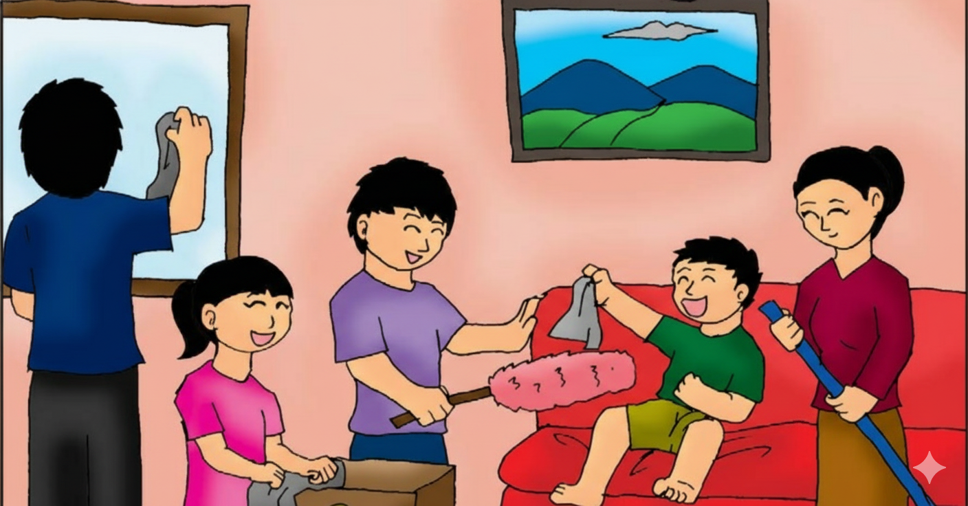 Keluarga bekerja sama membersihkan rumah