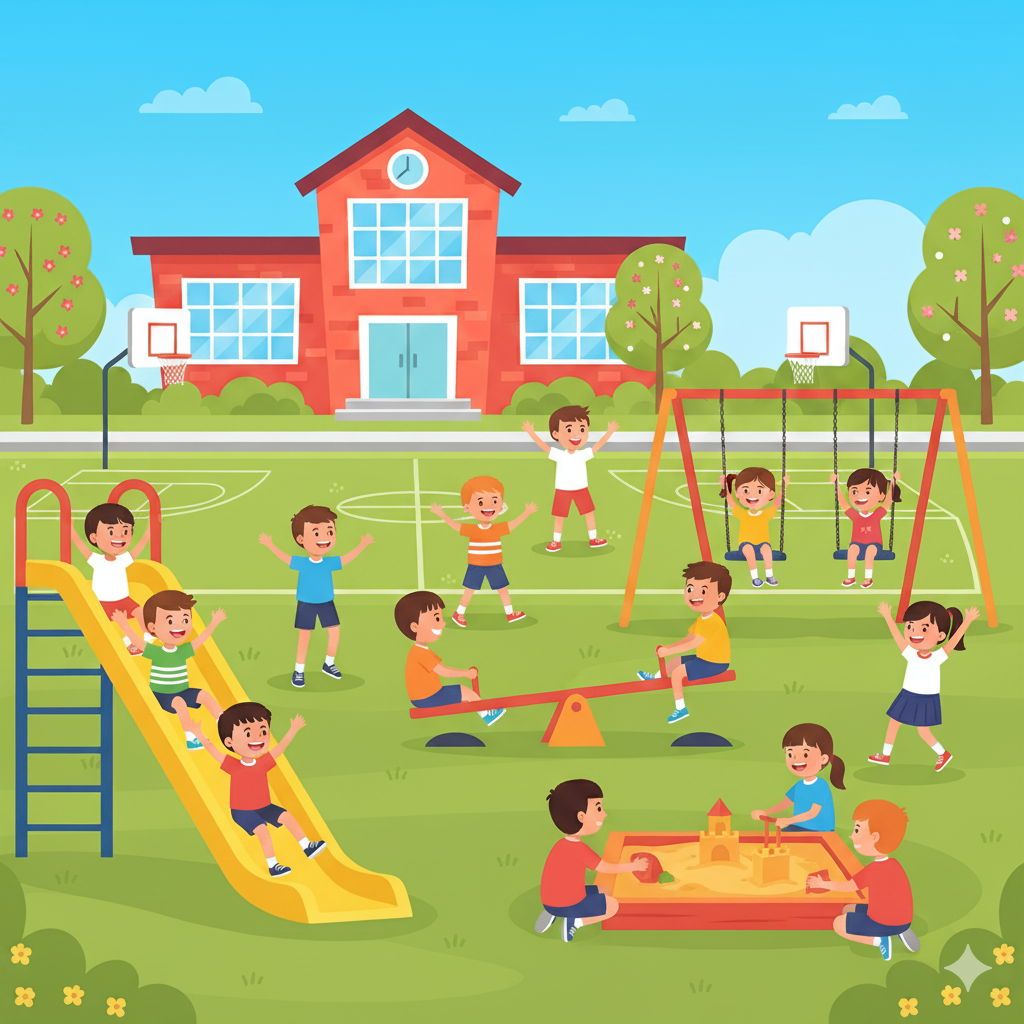 Anak-anak bermain di lingkungan sekolah